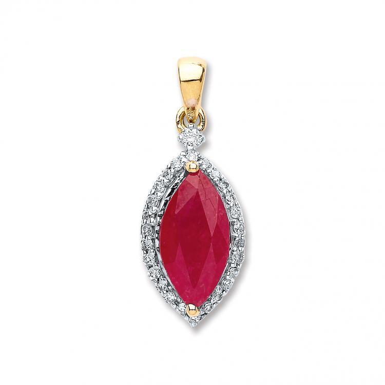 9ct Yellow Gold 0.10ct Diamond, 0.90ct Marquise Ruby Pendant (chain included)