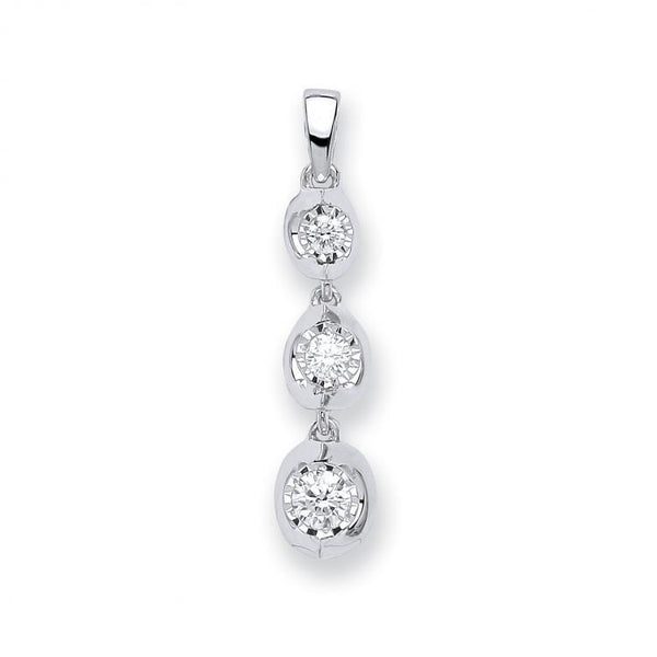 9ct White Gold Real Diamond Trilogy Drop Pendant 0.23ct