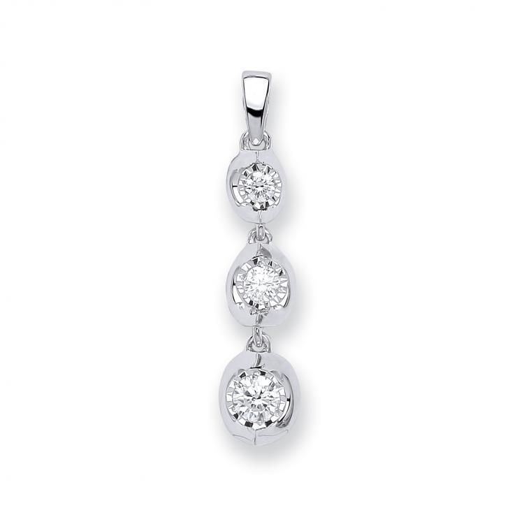 9ct White Gold Real Diamond Trilogy Drop Pendant 0.23ct