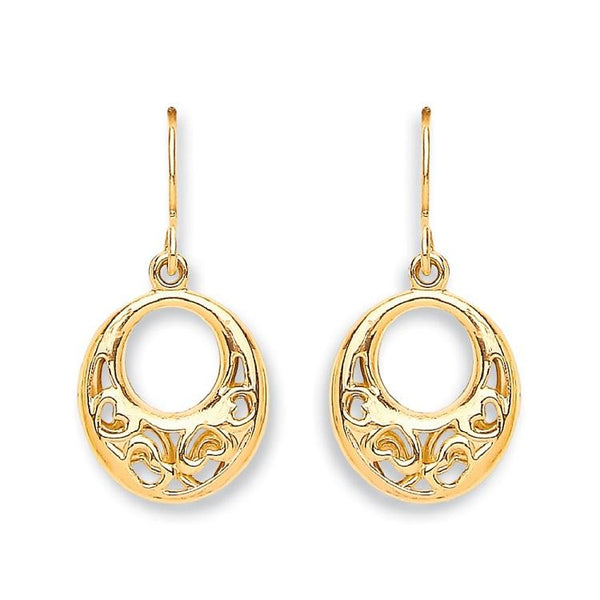 9ct Gold Filigree Heart Dropper Earrings.