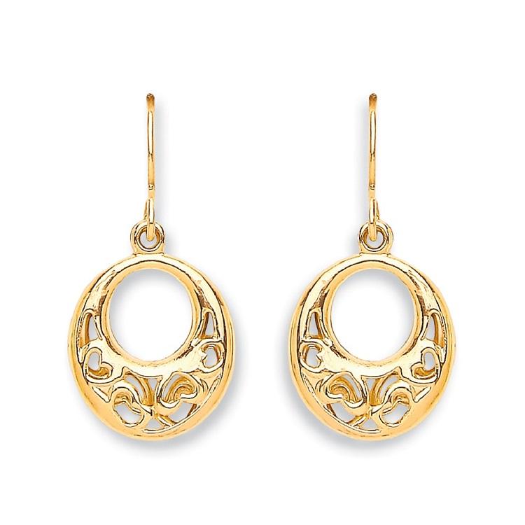 9ct Gold Filigree Heart Dropper Earrings.