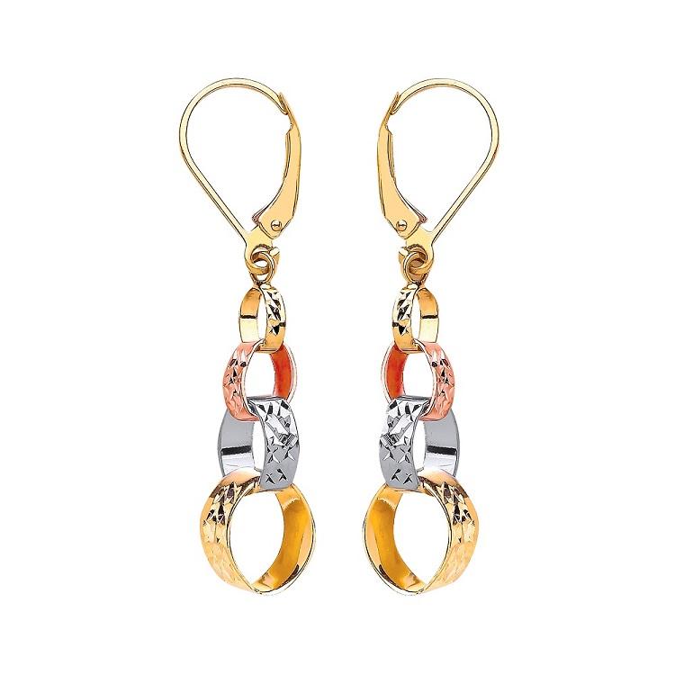 9ct 3 Colour Gold Diamond Cut Round Linked Drop Earrings