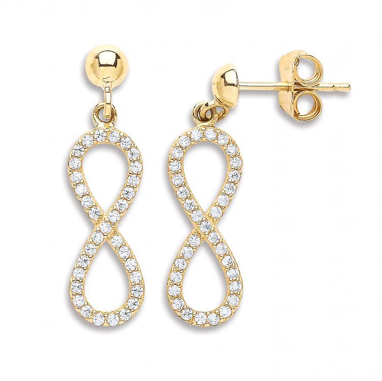 9ct Gold Figure of 8 Cz Drop Earrings.