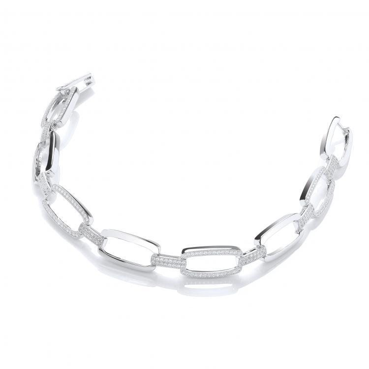 Real Silver Micro Pave' Oval Links 242 Cz Bracelet 7.5"/19cm, J-Jaz Collection