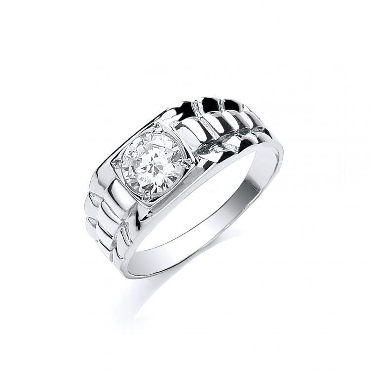 9ct White Gold CZ Gents Ring