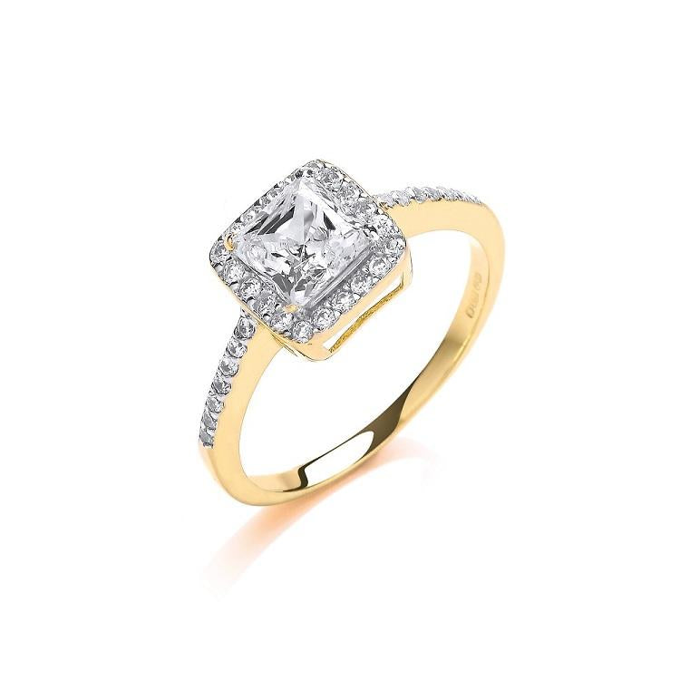 9ct Gold Ladies Halo Princess Cut Cz Ring