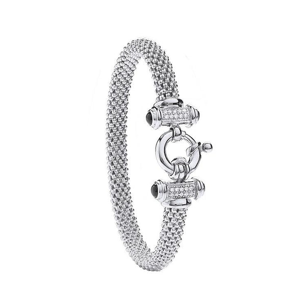 Real Silver Popcorn Cz Bangle With Bolt Ring In Centre