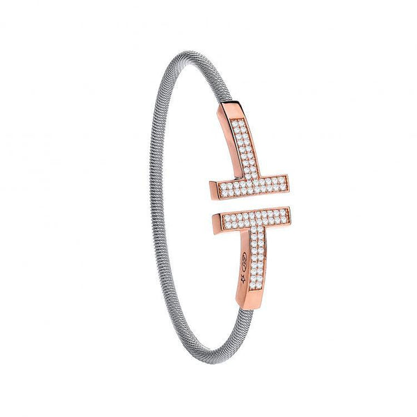 Real Silver Ladies Rose Coated With Cz T Bangle