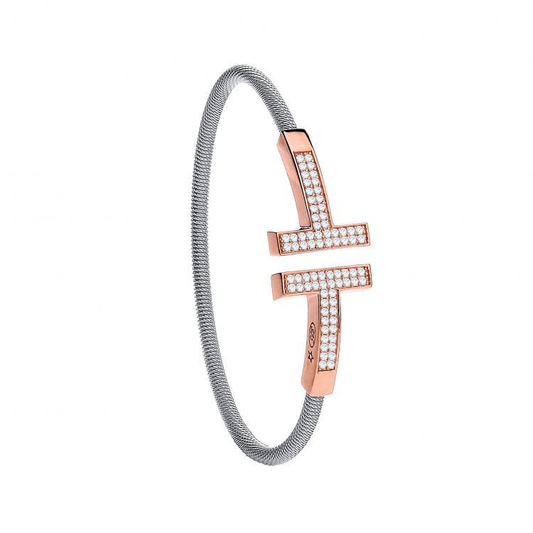 Real Silver Ladies Rose Coated With Cz T Bangle