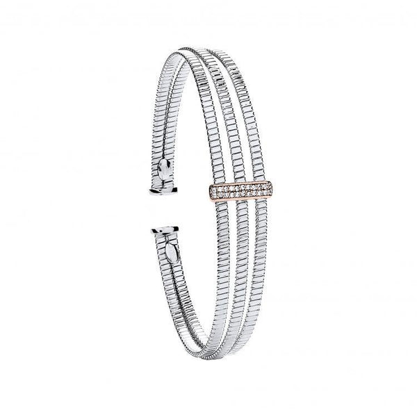 Real Silver Ribbed 3 Bar CZ Bangle