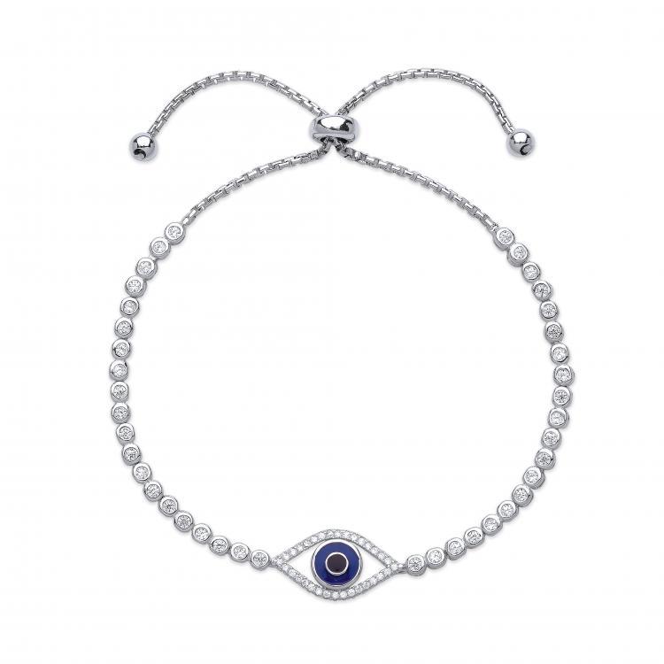 Real Silver Evil Eye Cz Ladies Slider Bracelet