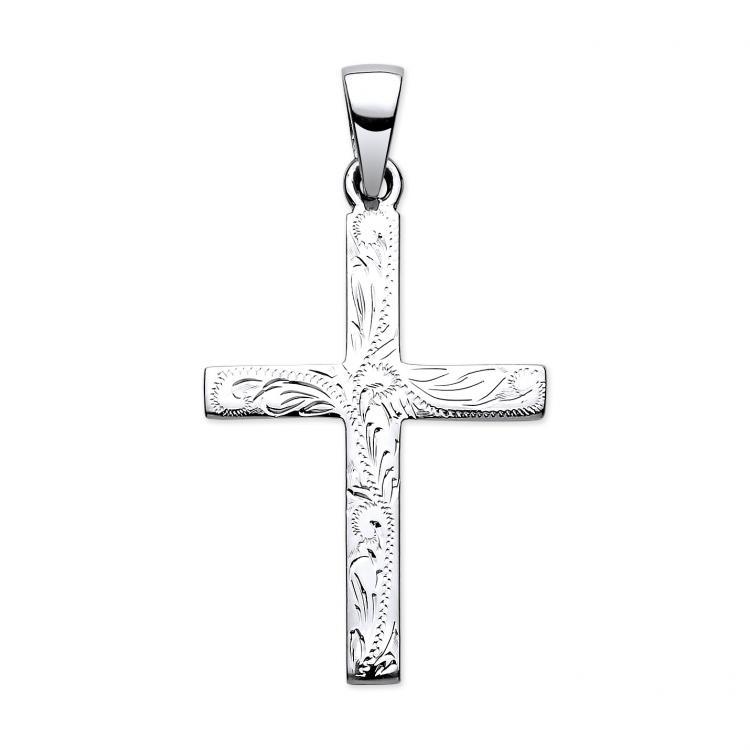 Real Silver Solid Heavy Cross With Design on Front (includes chain 18")