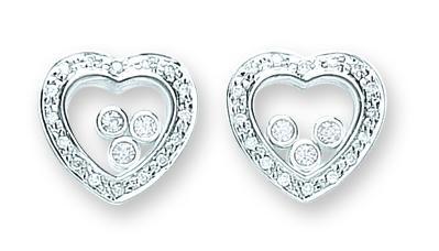 Real Silver Floating cz Heart Stud Earrings