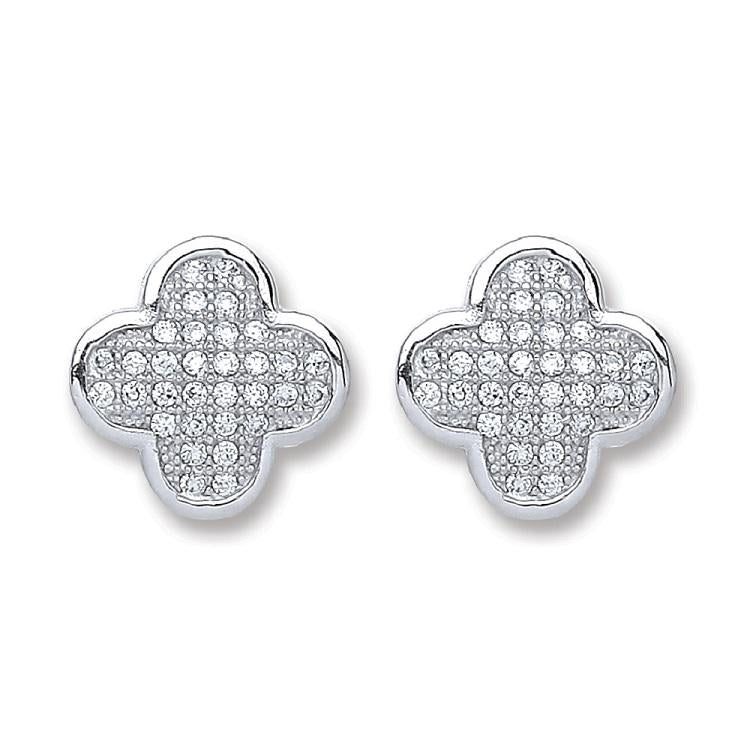 Real Silver Clover Fancy Cz Stud Earrings