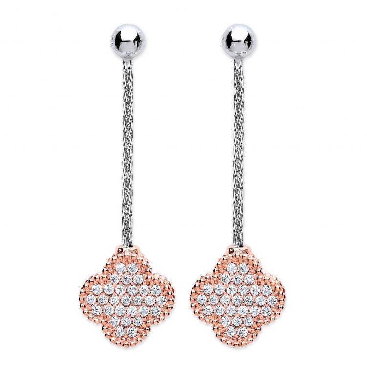 Real Silver Rose Colour Drop Clover Earrings