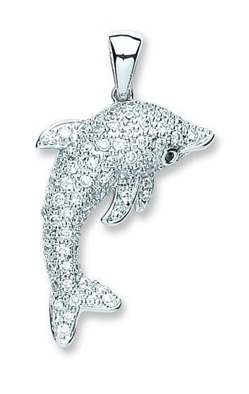 Real Silver CZ Dolphin Pendant (includes chain 18")