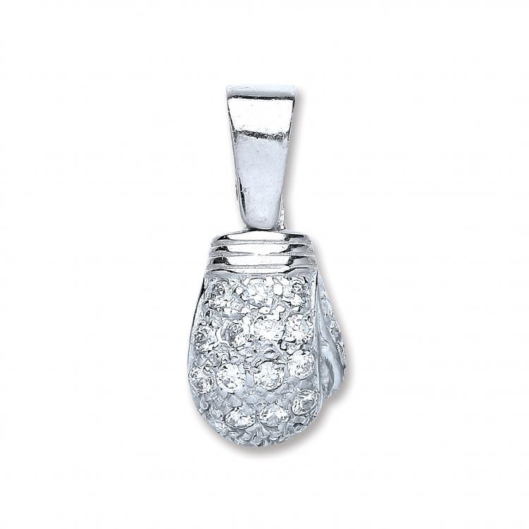 Real Silver Solid Heavy CZ Boxing Glove Pendant (includes Chain 20")