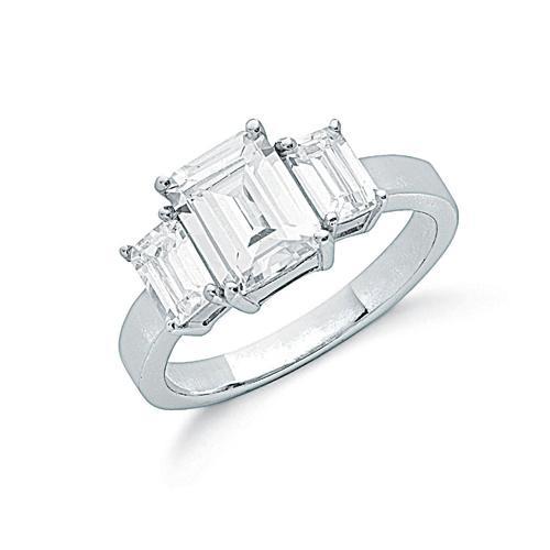 Real Silver Claw Set Emerald Cut Cz Trilogy Ring