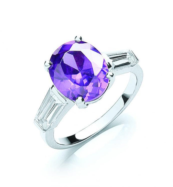 Real Silver Purple & White Oval Cut Cz Ring
