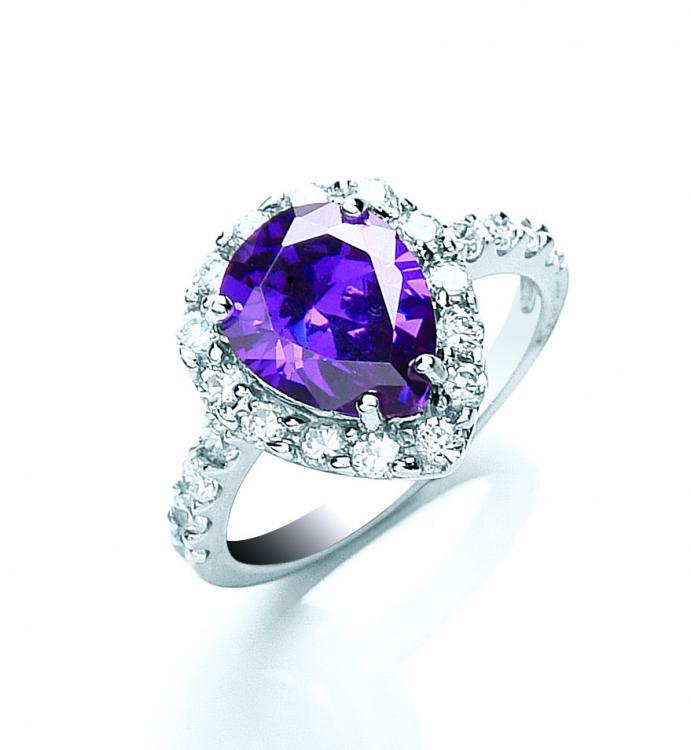 Silver Purple & White Pear Cut Cz Ring