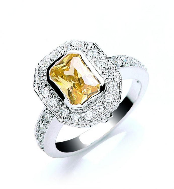 Real Silver Emerald Cut Yellow & White Cz Cluster Ring