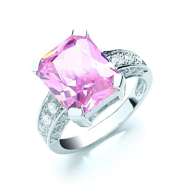 Real Silver Emerald Cut Pink & White Cz Ring