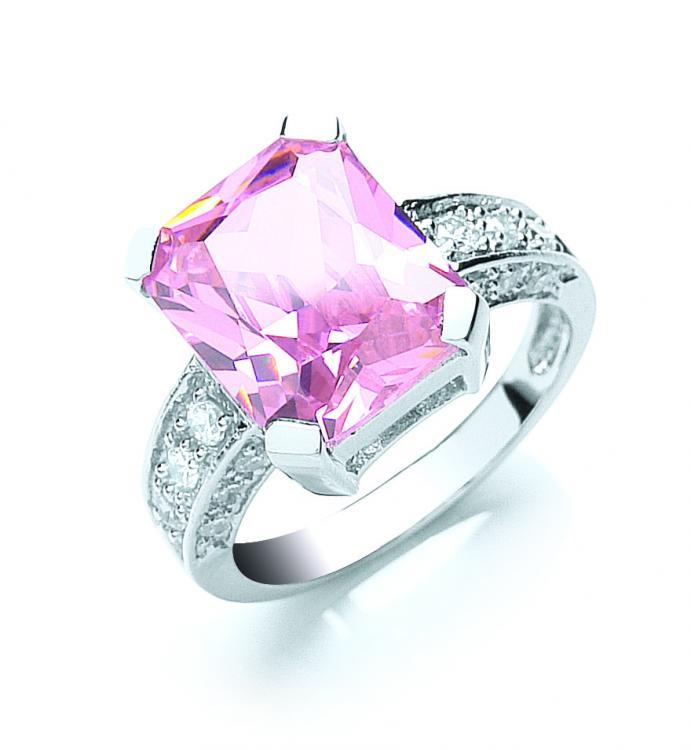 Real Silver Emerald Cut Pink & White Cz Ring