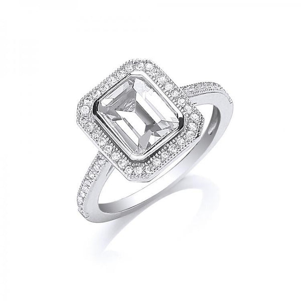 Real Silver Emerald Cut Cz Centre Ring