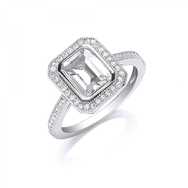 Real Silver Emerald Cut Cz Centre Ring