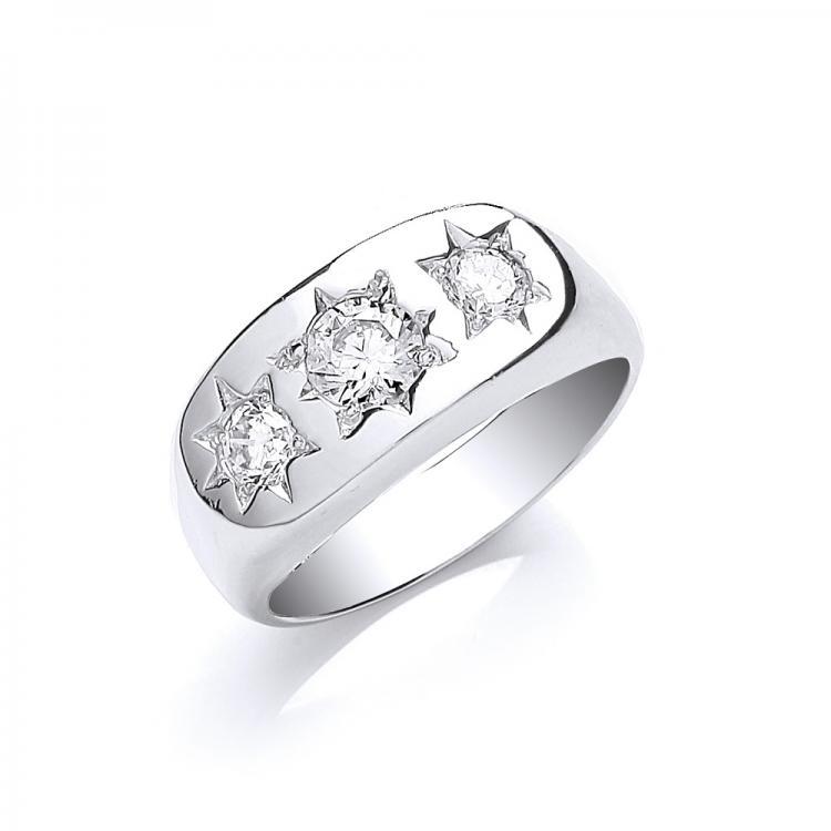 Real Silver Gents 3 Stone Cz Ring