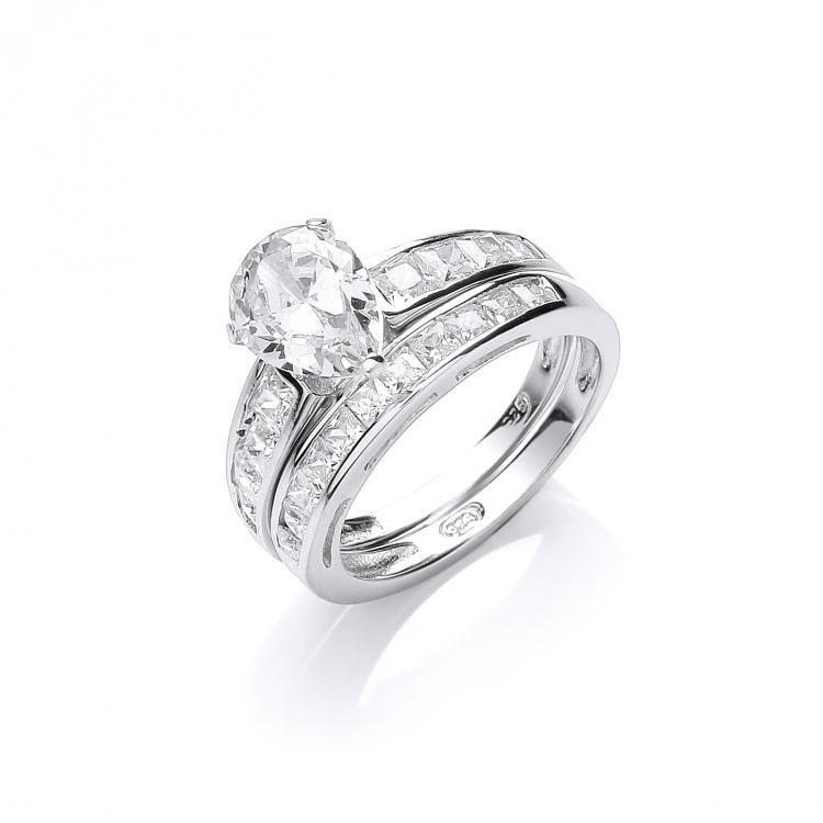 Real Silver Bridal Ring Set with Pear Shape Cz