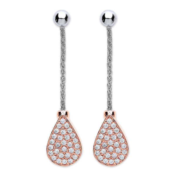 Real Silver Rose Finish Tear Drop Drop Earrings Cz