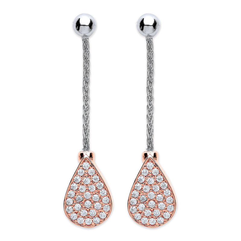 Real Silver Rose Finish Tear Drop Drop Earrings Cz