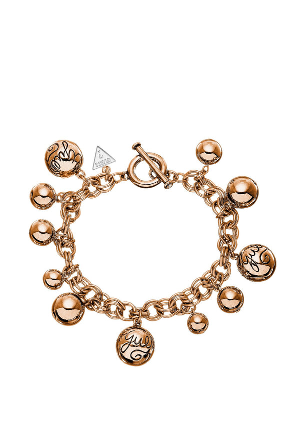 GUESS rose gold plated 8" chain bracelet featuring GUESS branded round bauble charms.