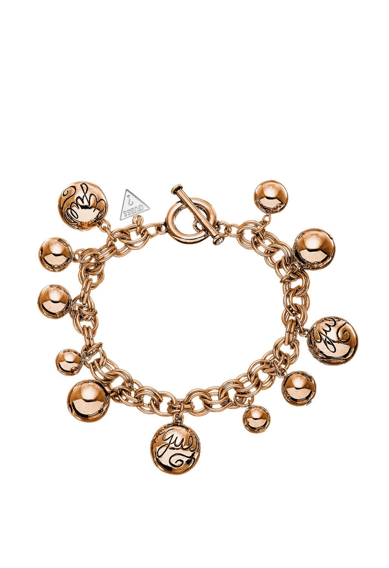GUESS rose gold plated 8" chain bracelet featuring GUESS branded round bauble charms.