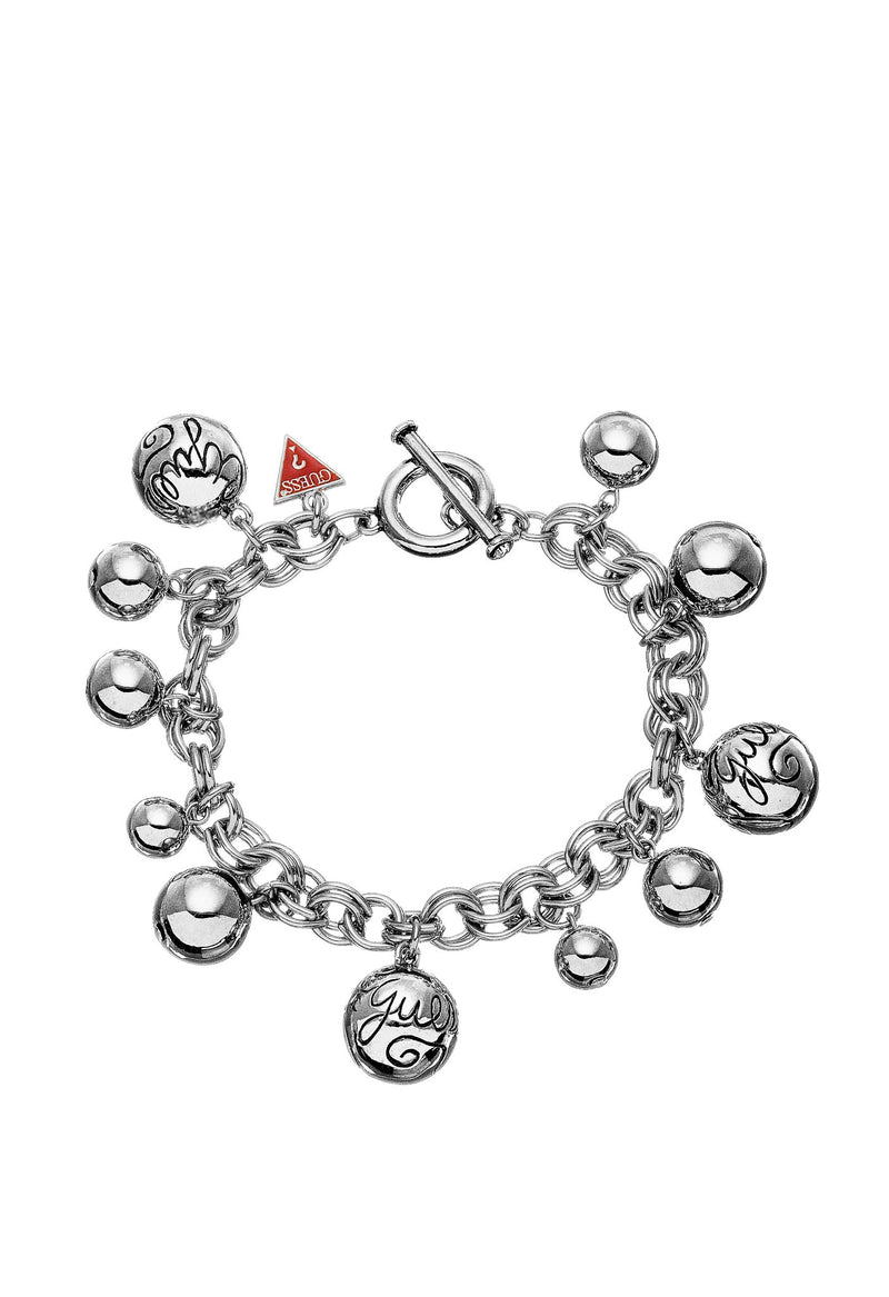 GUESS rhodium plated 8" double chained bracelet featuring branded round bauble charms.