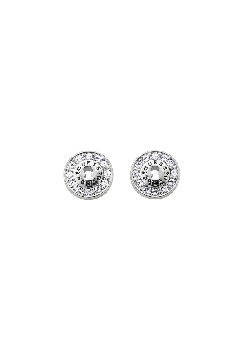 ALL LOCKED UP GUESS gold plated stud earrings featuring GUESS logo and Swarovski®crystal details
