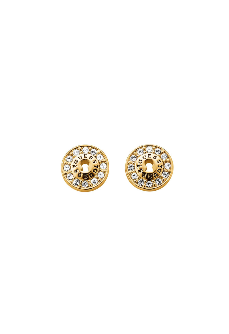 ALL LOCKED UP GUESS gold plated stud earrings featuring GUESS logo and Swarovski®crystal details