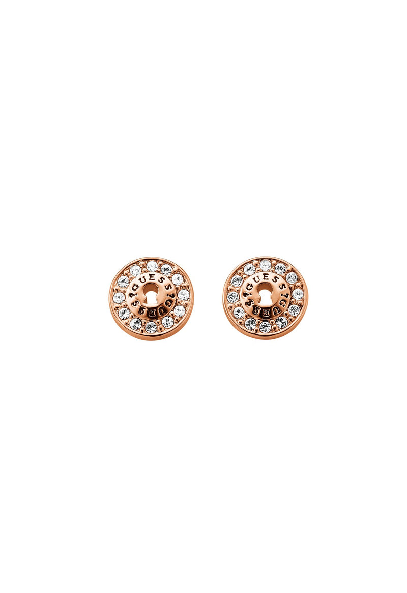 ALL LOCKED UP GUESS gold plated stud earrings featuring GUESS logo and Swarovski®crystal details