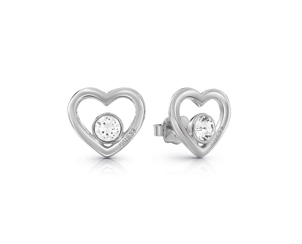 PRINCESS GUESS Rhodium Plated Heart Frame and Crystal Stud Earrings