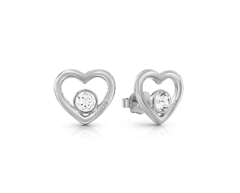 PRINCESS GUESS Rhodium Plated Heart Frame and Crystal Stud Earrings