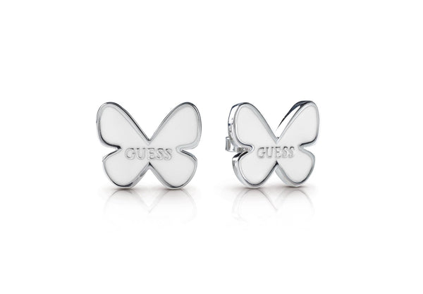TROPICAL DREAM GUESS rhodium plated white butterfly & logo stud earrings