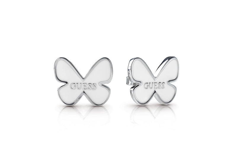 TROPICAL DREAM GUESS rhodium plated white butterfly & logo stud earrings