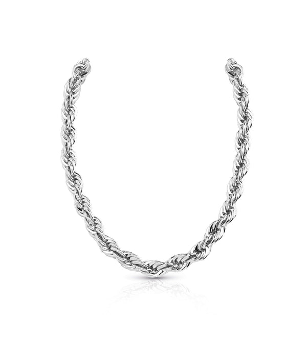 Rhodium plated necklace features a twisted and sparkle chain.