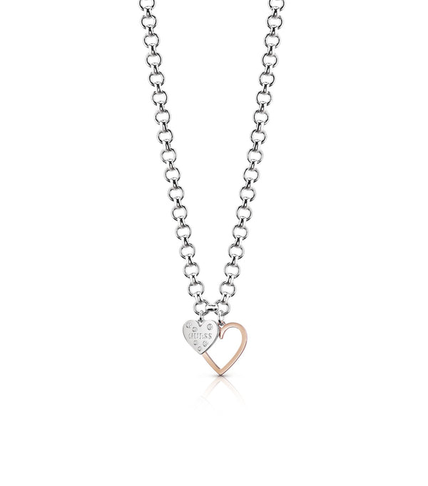 Rhodium plated necklace features a nice and visible circle chain with two charms.