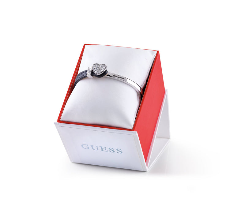 GUESS  rhodium plated bangle with half black leather crystal set heart bracelet