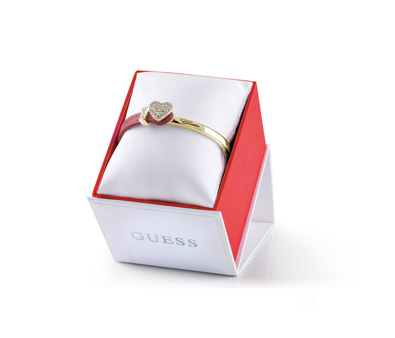 GUESS rose gold plated bangle with half pink leather crystal set heart bracelet